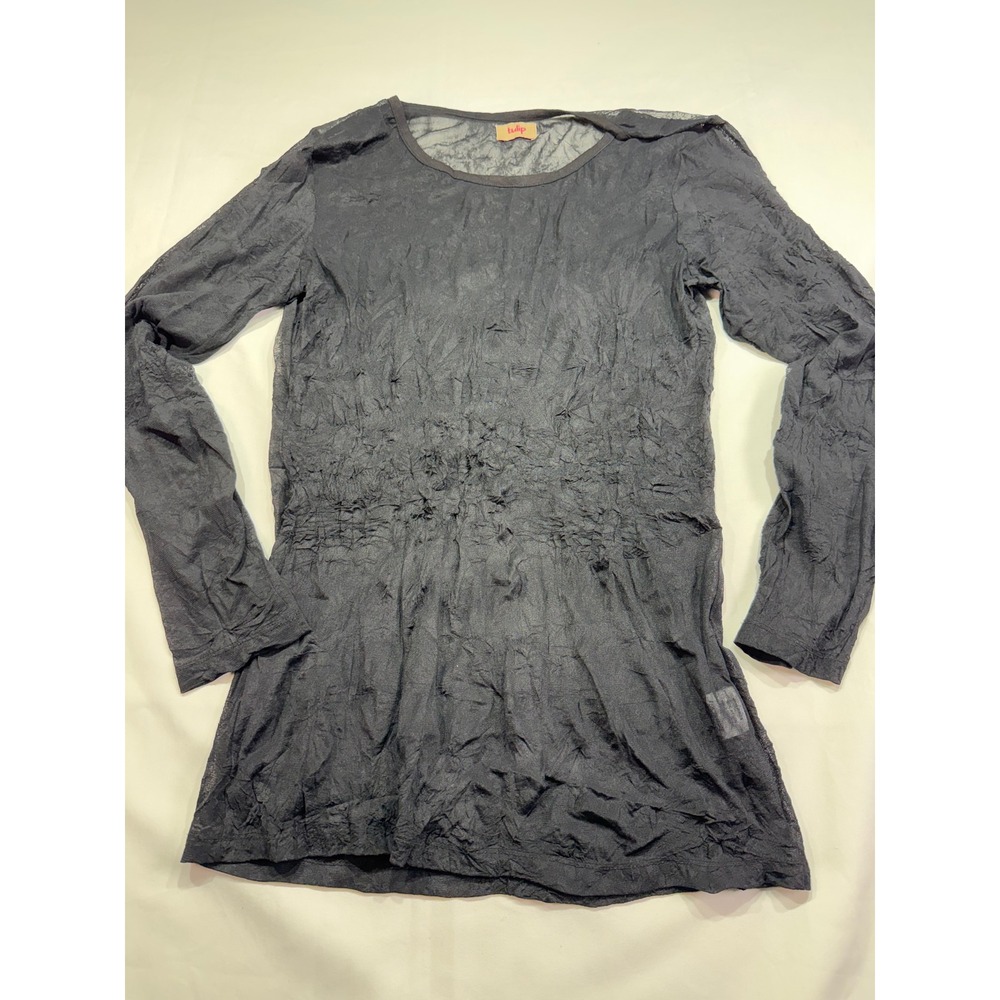 Tulip Womens Black Sheer Gauzey Goth Crinkle Mesh Long Sleeve Top Size S